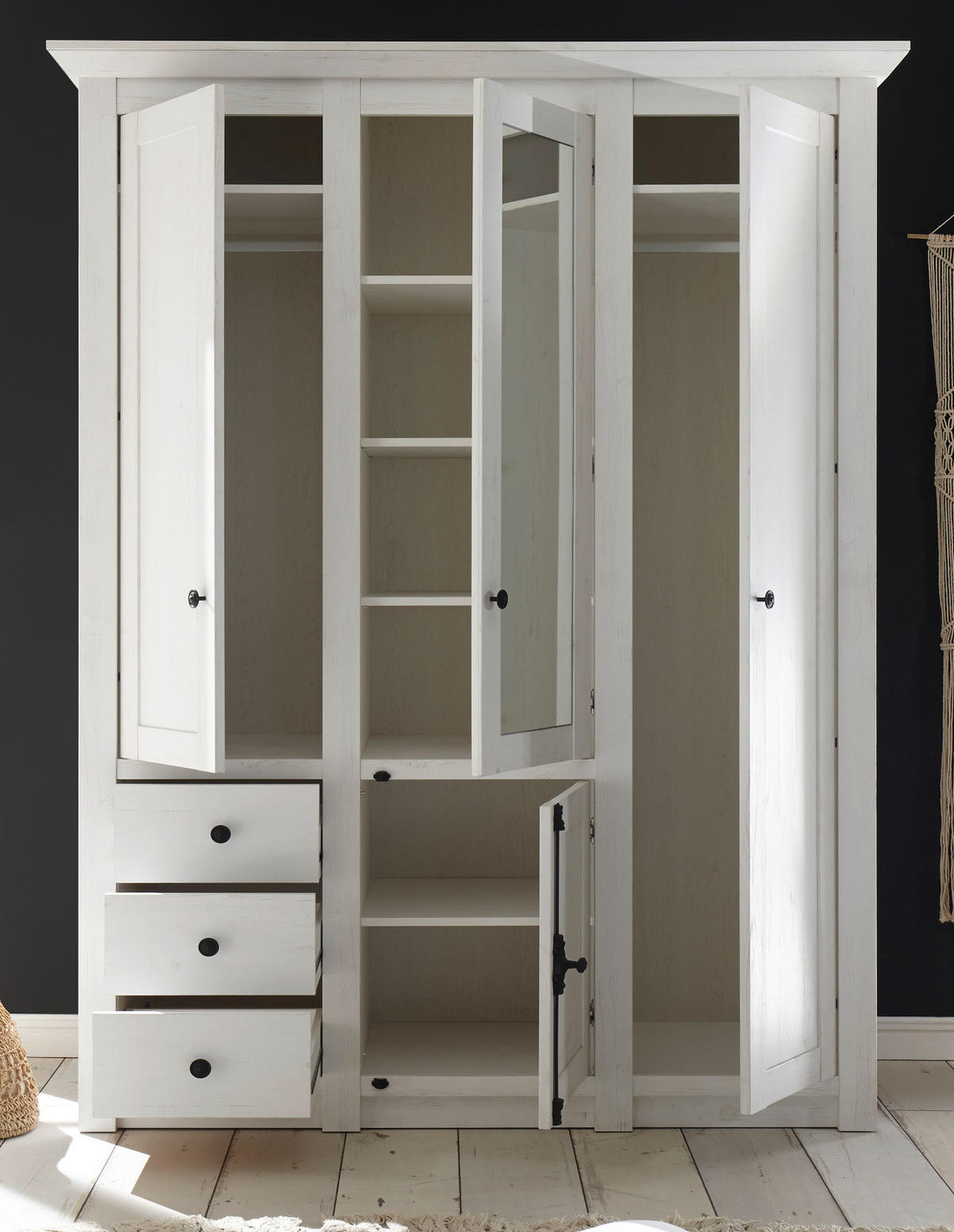 KLEIDERSCHRANK Pinie weiß 147 x 206 cm, Drehtürenschrank mit Spiegel - Schwarz/Weiß, Glas/Holzwerkstoff (147/206/64cm) - Furn.Design