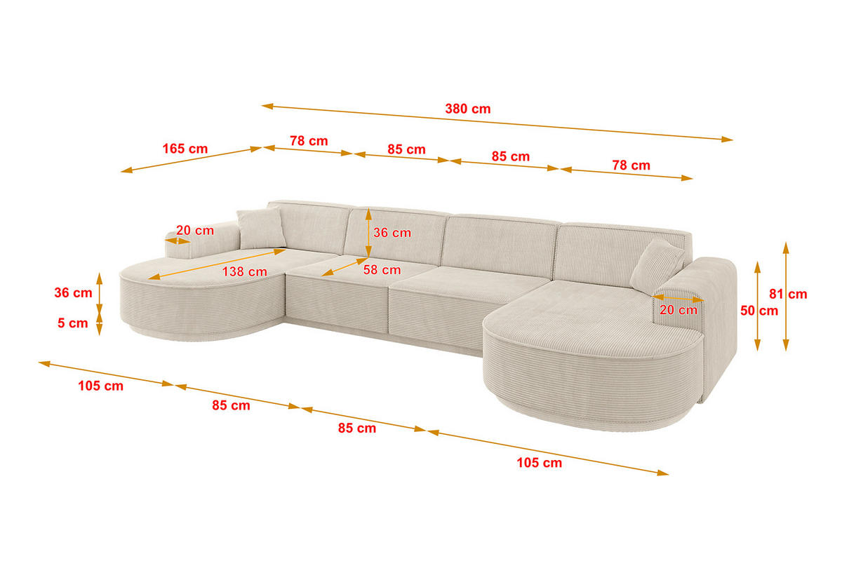 WOHNLANDSCHAFT MARI-U2 - 380x163x81 cm Beige Cord - Beige/Schwarz, Holzwerkstoff/Kunststoff (380/81/163cm) - ALTDECOR