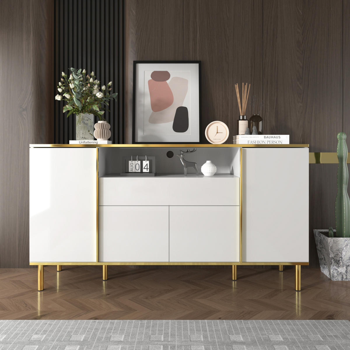 SIDEBOARD 150/40/80 cm in Weiß Hochglanz mit 4 Türen, Schublade & LED-Beleuchtung - Weiß, Holzwerkstoff (150/80/40cm) - BEAOK