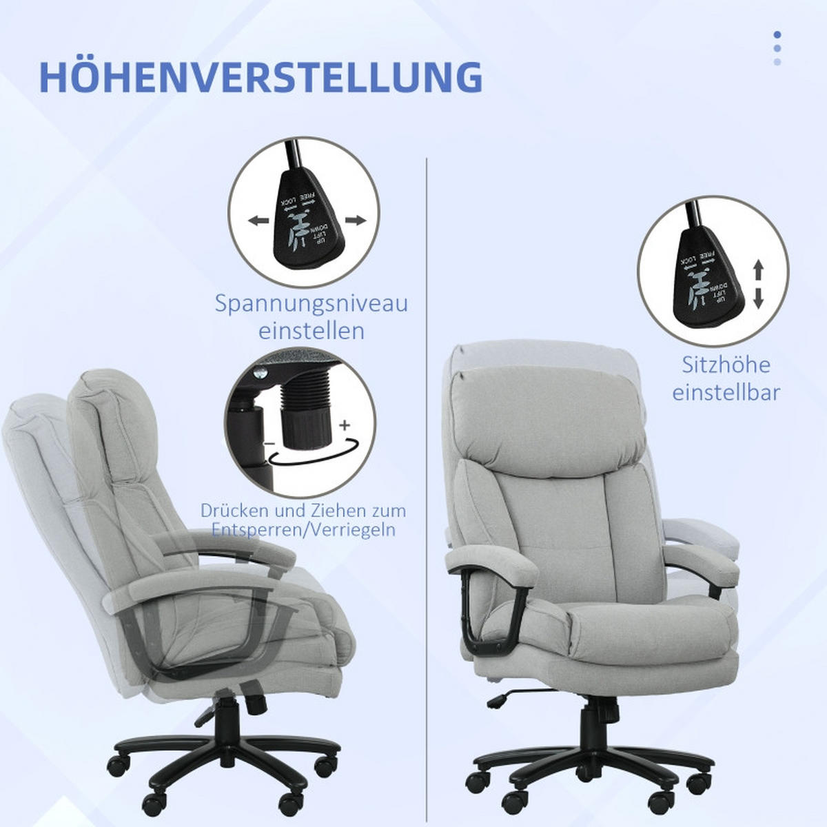 DREHSTÜHLE XXL höhenverstellbar Stoff Hellgrau - Grau, Metall (68.5/125/79cm) - SHOPENTRA