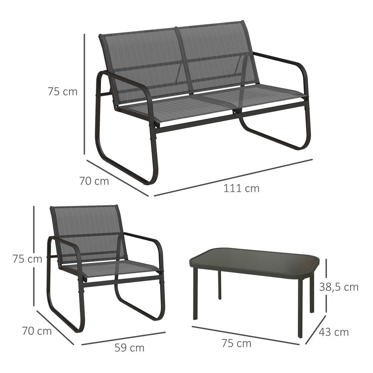 GARTENMÖBEL-SET, Stahl, Mesh, Schwarz - Schwarz, Metall - Outsunny