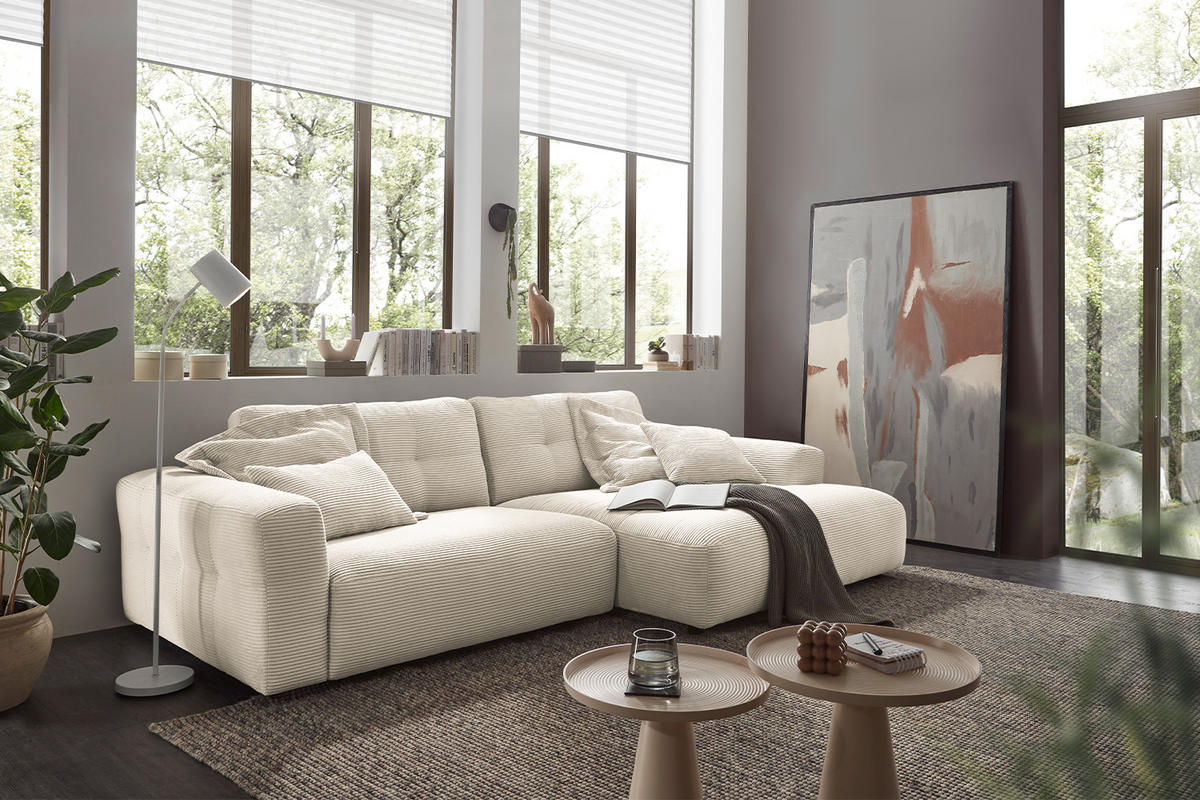 ECKSOFA XL MIKA Cremeweiß Cord - Creme/Schwarz, Kunststoff/Textil (296/167cm) - KAWOLA