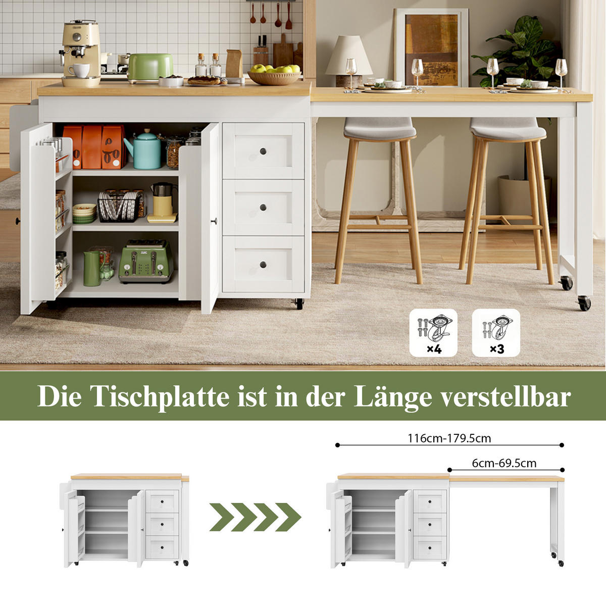 KÜCHENINSEL Weiß 116–179,5 cm ausziehbar mit Schubladen, Snackregalen und Lenkrollen aus Holzwerkstoff und Metall - Weiß, Holzwerkstoff (116/89/45cm) - Luhomfu