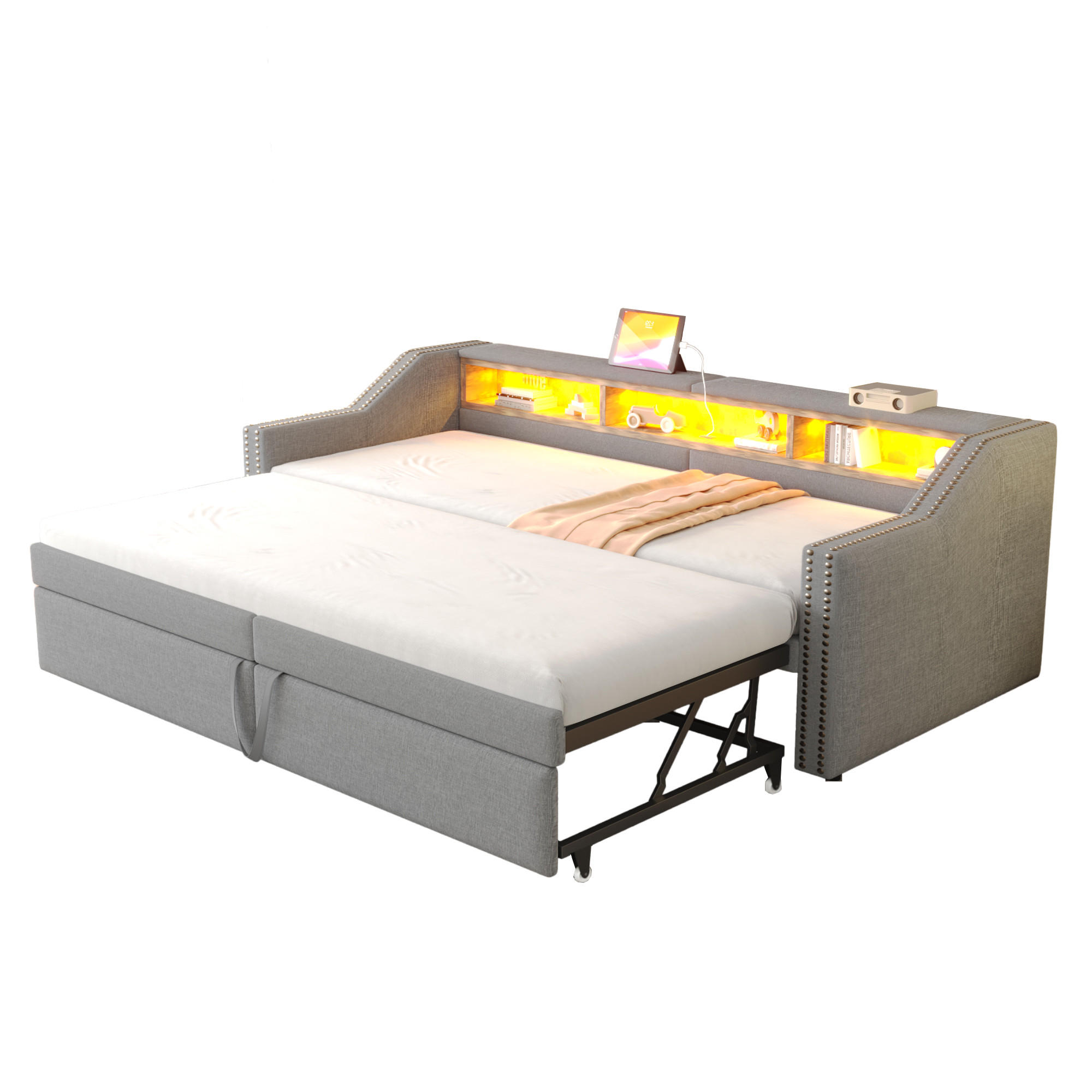 FLIEKS ČALOUNĚNÁ POSTEL, 90/180×200 cm, LED, USB, světle šedá