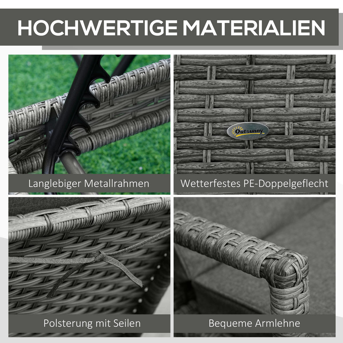 SONNENLIEGE Polyrattan, Grau - Grau, Metall (72/52.5/192cm) - Outsunny