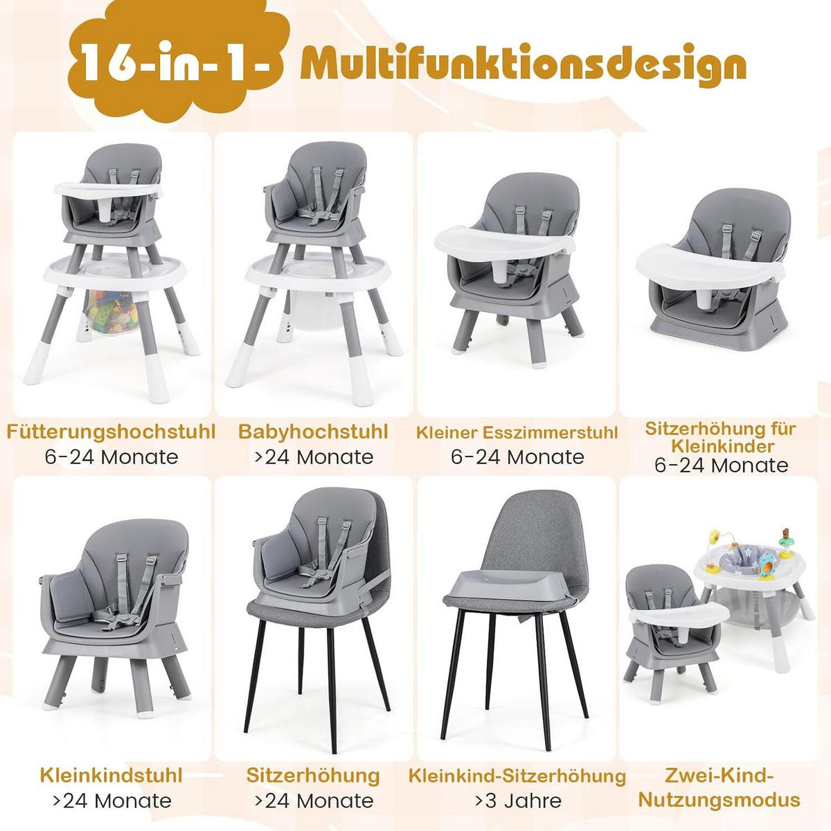 BABYHOCHSTUHL mit abnehmbarem Tablett grau - Grau, Kunststoff (60/93/60cm) - COSTWAY