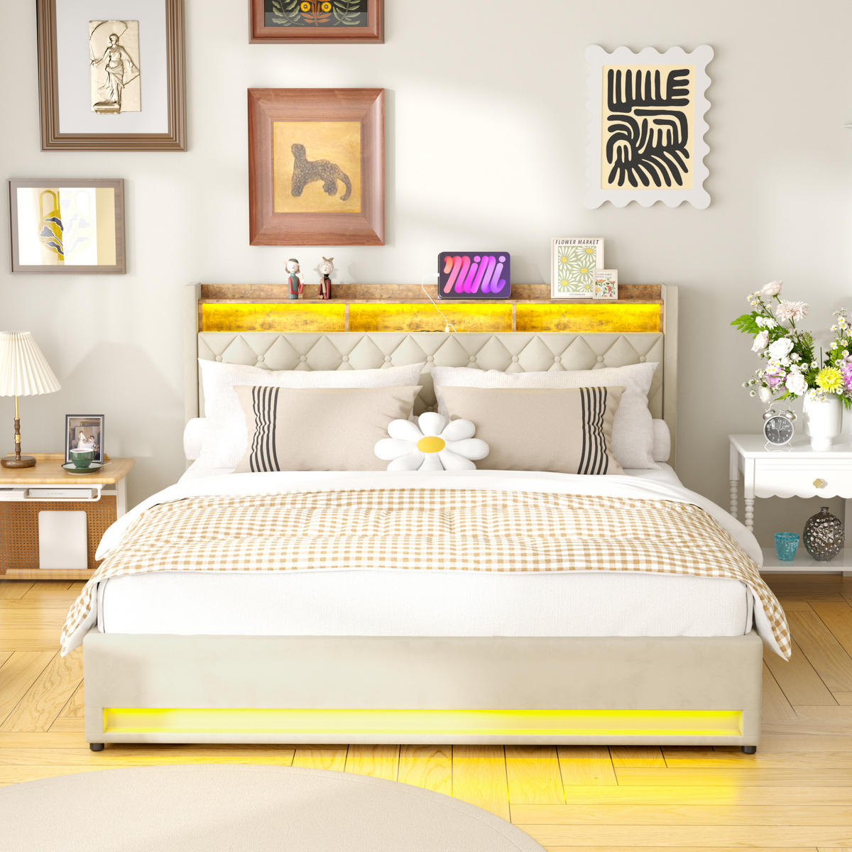 POLSTERBETT 180/200 cm Beige mit LED-Lichtleiste und USB-Anschlüssen - Beige, Holzwerkstoff (180/200cm) - OKWISH