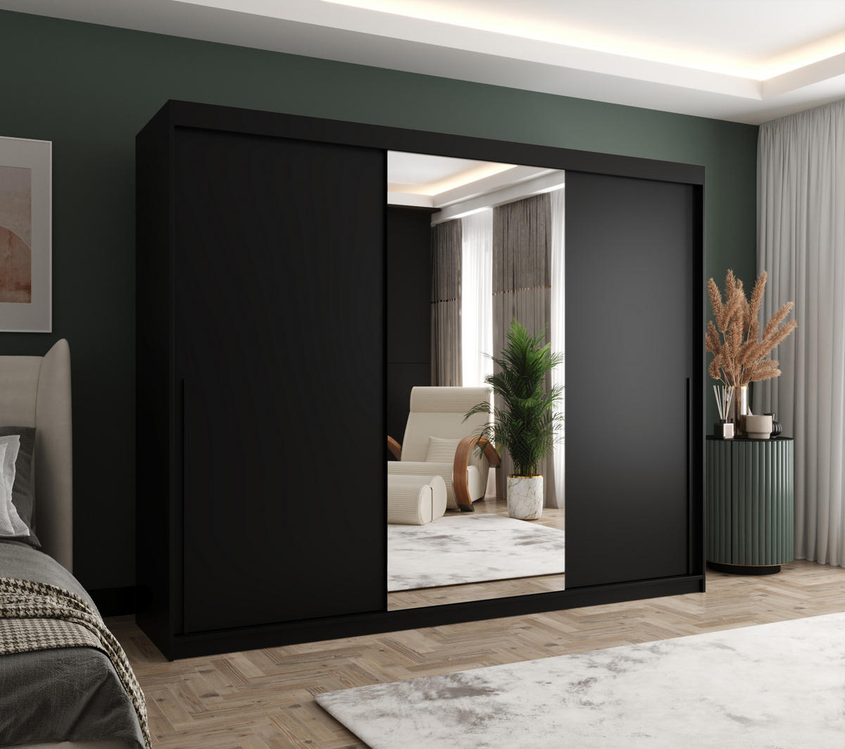 SCHIEBETÜRENSCHRANK mit Spiegel 250 cm Breite, schwarz mit schwarzem Griff - Schwarz, Holzwerkstoff (250/200/62cm) - Home Collective