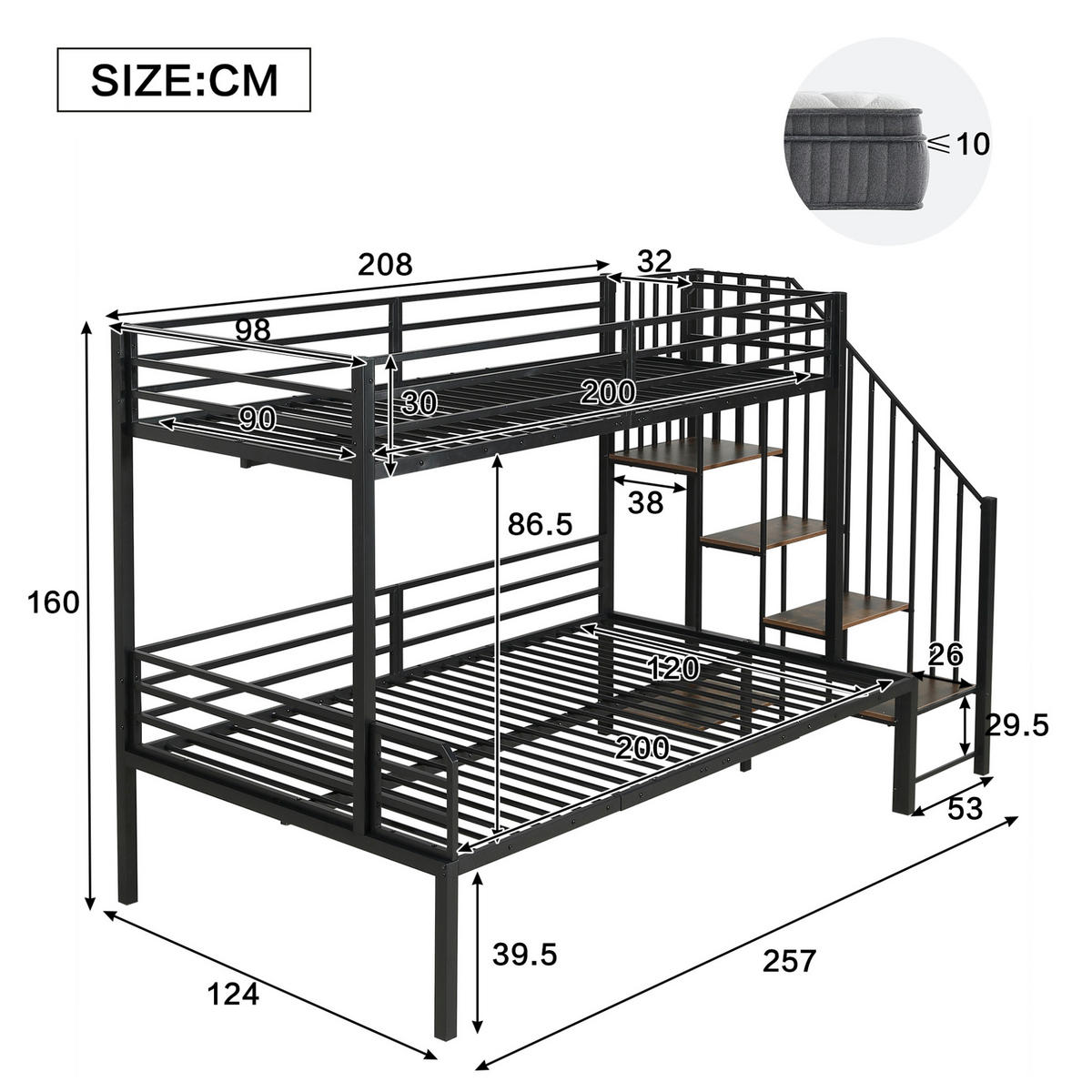 ETAGENBETT aus Metall und MDF 90/120x200 cm Schwarz mit Stauraumtreppe - Schwarz, Holzwerkstoff (90/200cm) - IVMEU