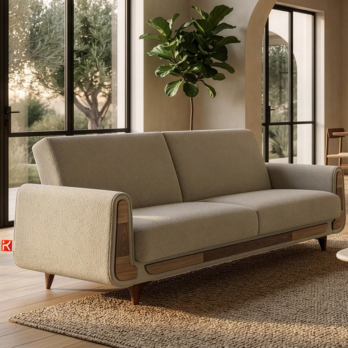 3-SITZER-SCHLAFSOFA GUSTAVO mit Armlehnen, hellbeige - Beige/Braun, Holz/Holzwerkstoff (230/98/98cm) - KONSIMO®