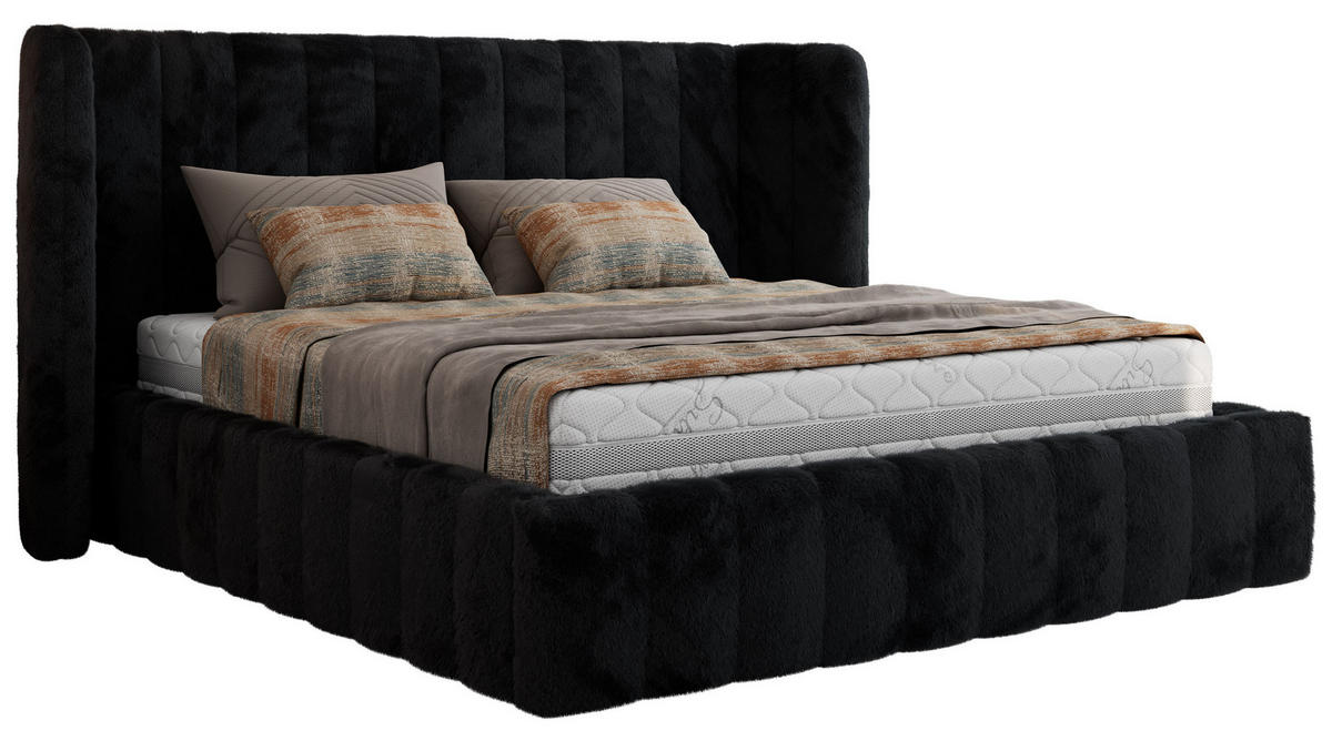 POLSTERBETT GOLETTA CLASSIC 140/200 - Schwarz Plüsch - Schaum-Matratze - Schwarz, Textil (140/200cm) - MKS