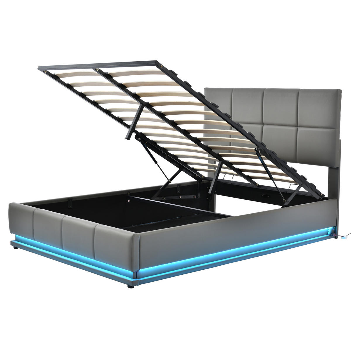 POLSTERBETT 140/200 cm mit LED-Beleuchtung, hydraulischem Bettkasten und Kunstlederbezug, Grau - Grau, Textil (140/200cm) - Redom