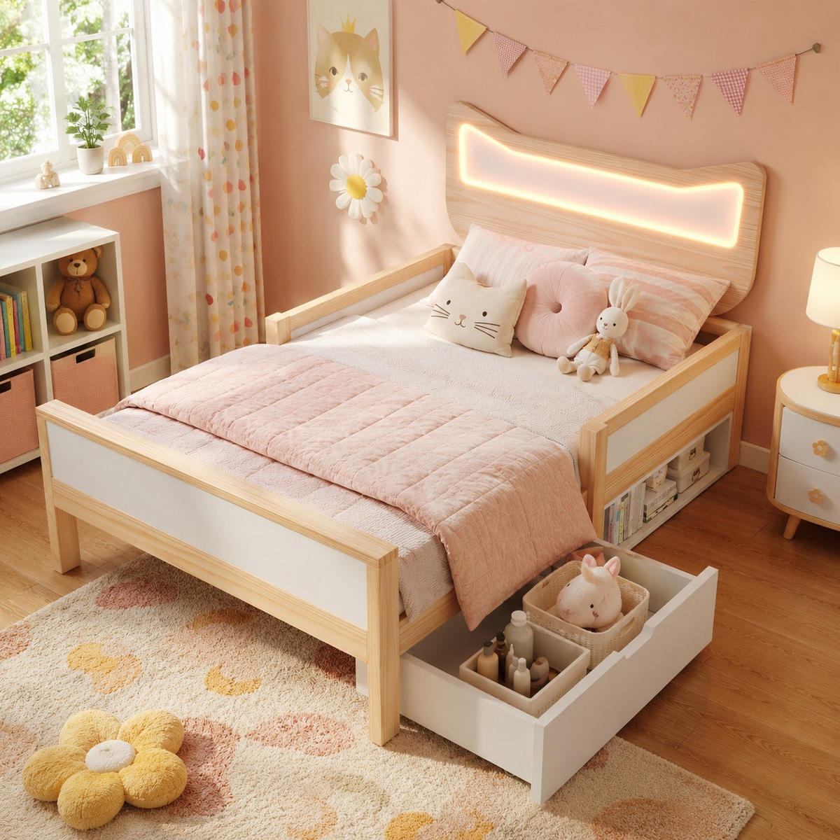KINDERBETT 90/190 cm in Weiß & Eiche mit Schublade, Staufach und LED - Weiß, Holz/Holzwerkstoff (90/190cm) - WISHDOR