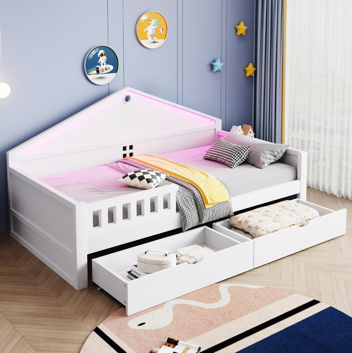 KINDERBETT 90/200 cm in Weiß mit LED-Beleuchtung und 2 Schubladen - Weiß, Holz (90/200cm) - Flora Grace