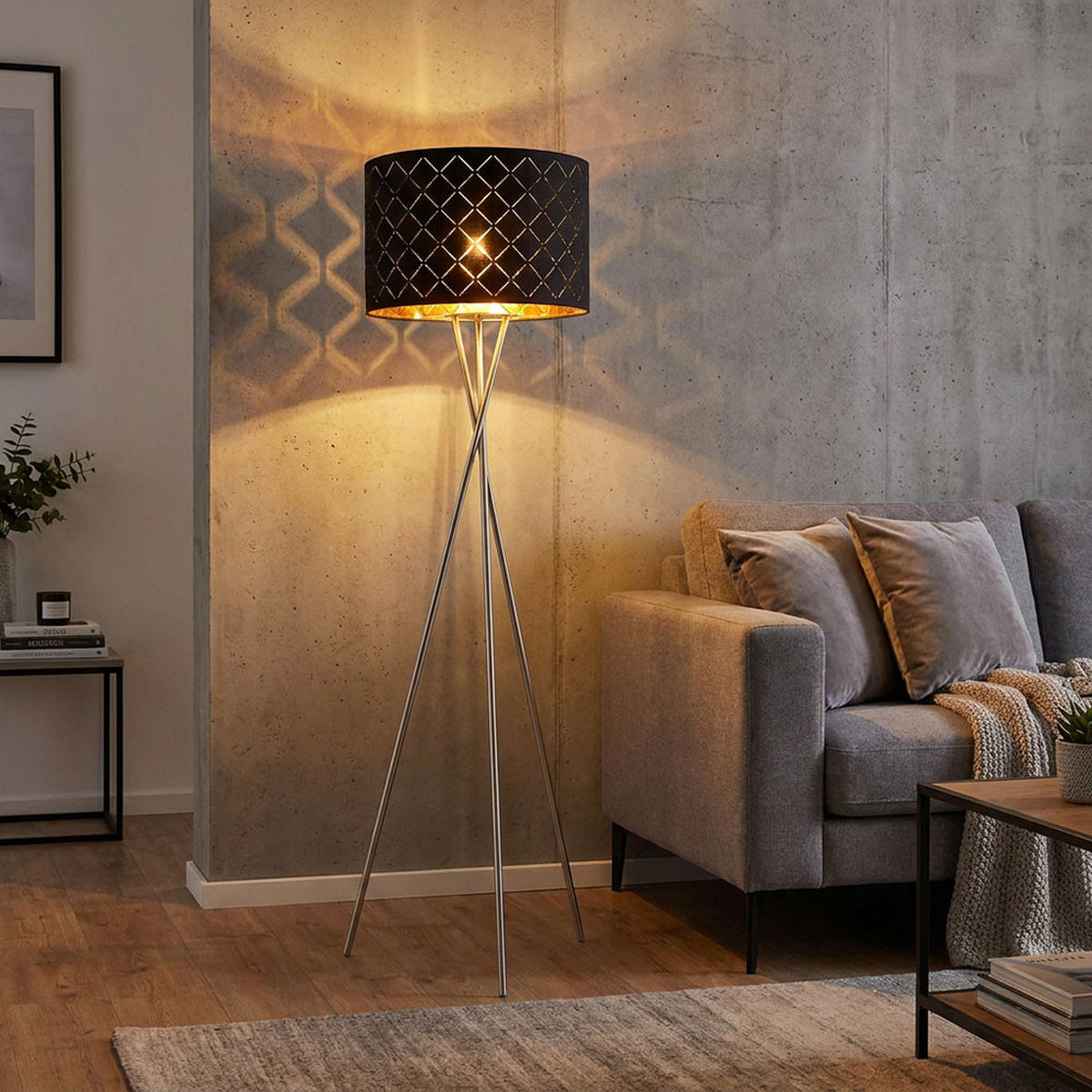 LED STEHLEUCHTE Metall Textil Schwarz Gold - Schwarz, Metall (62/62/160cm) - Globo Lighting