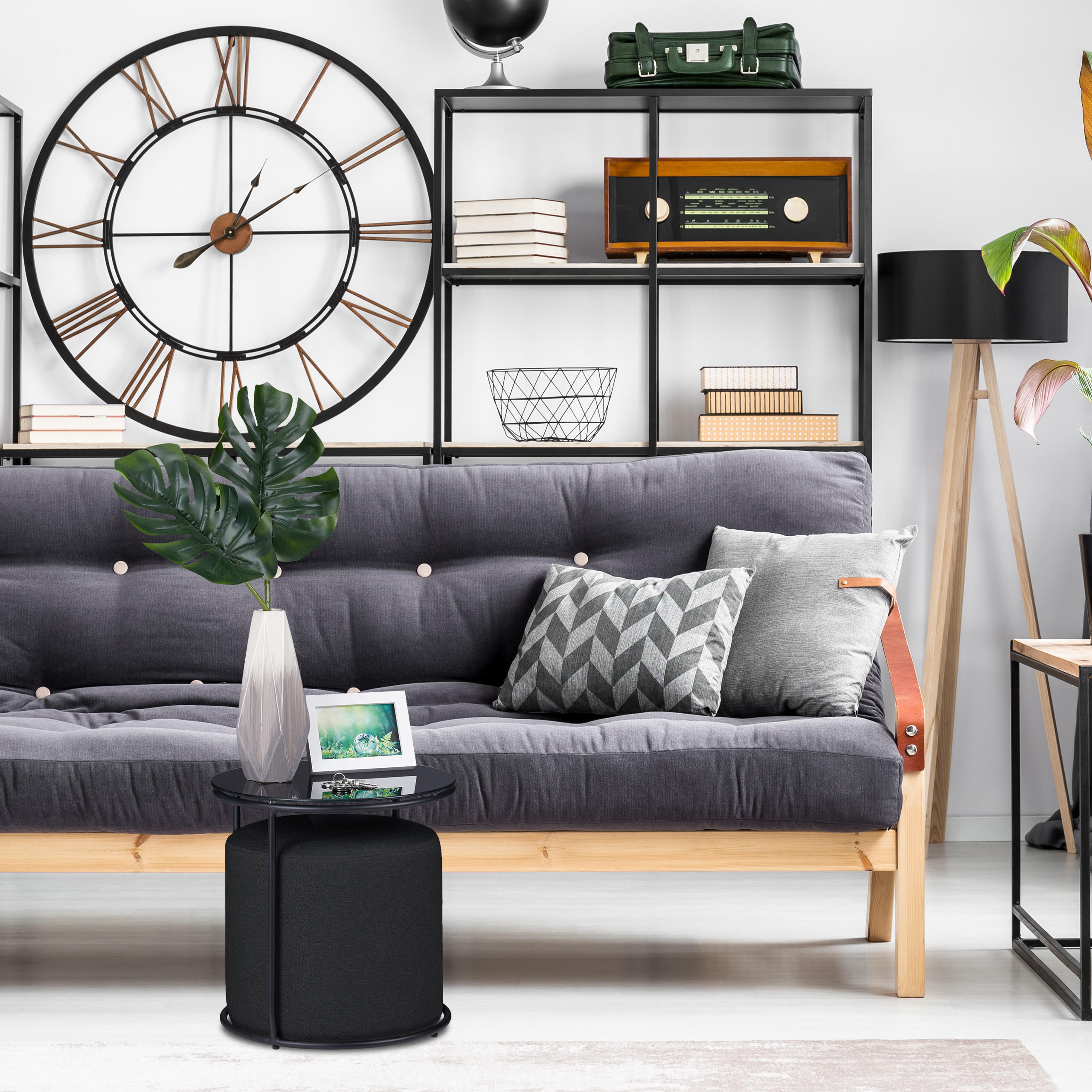 BEISTELLTISCH mit Hocker - Schwarz, Glas/Textil (40/40/40cm) - Relaxdays