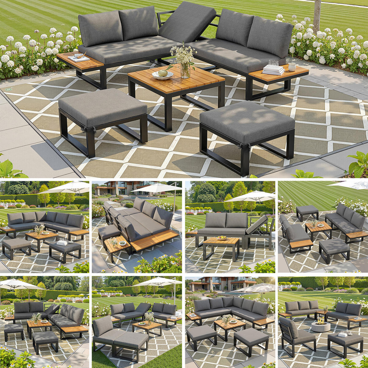 GARTENLOUNGE 6tlg Grau Beige Ecksofa Tisch Hocker verstellbar - Grau, Metall - FLIEKS
