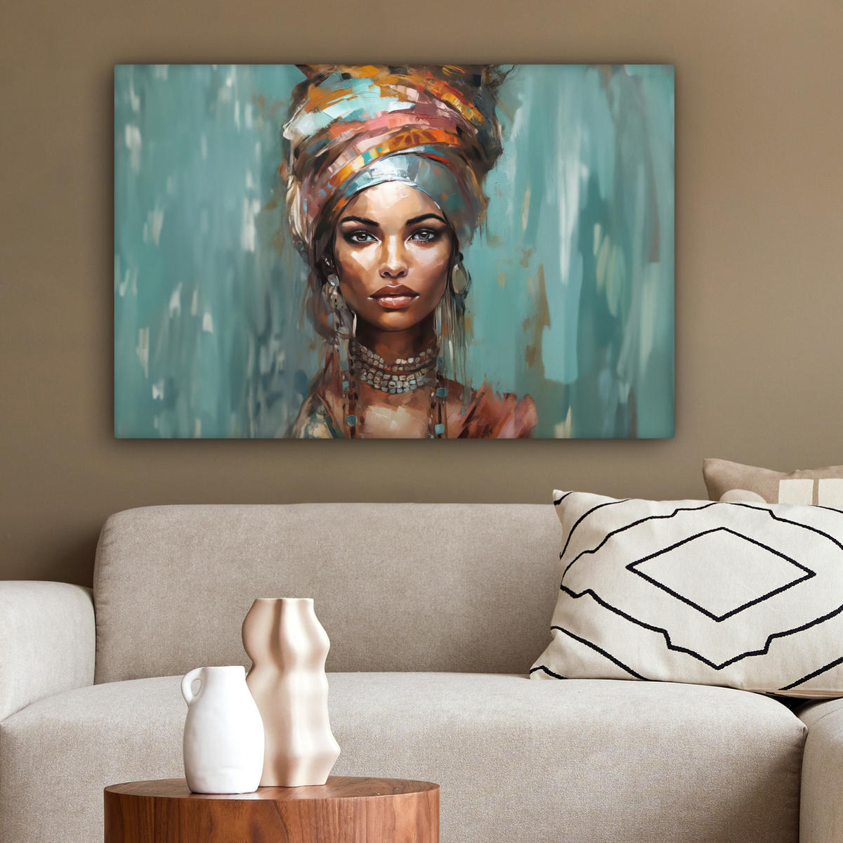 LEINWANDBILD Frau - Kunst - Schmuck - Porträt Wanddeko 90x60 cm - Blaugrau, Textil (90/60cm) - MuchoWow
