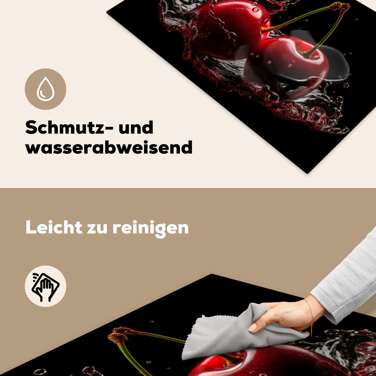 HERDABDECKPLATTE Kirsche - Rot - Frucht - Wasser - Schwarz 81x52 cm - Kirschrot, Kunststoff (81.6/0.2/52.7cm) - MuchoWow