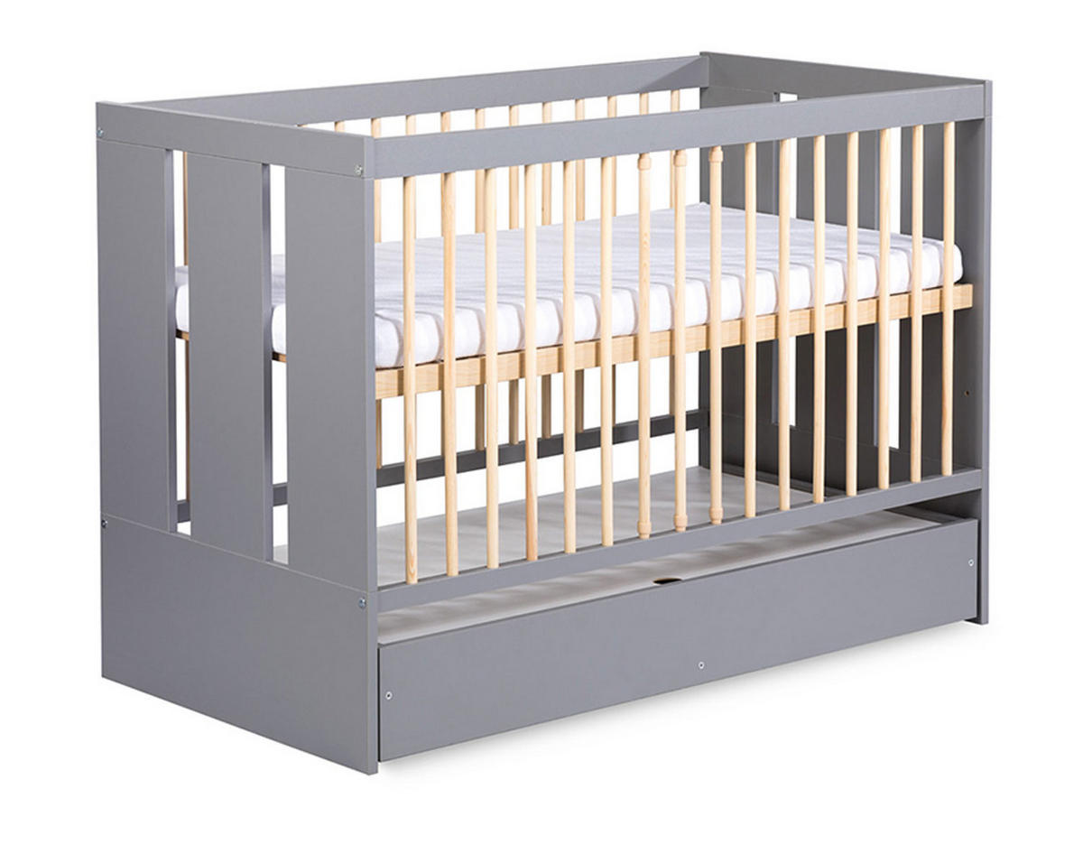 BABYBETT Pauline graphit / Kiefer / weiß 124 / 85 / 66cm - Grau/Kieferfarben, Holz/Holzwerkstoff (60/120cm) - Feldmann-Wohnen