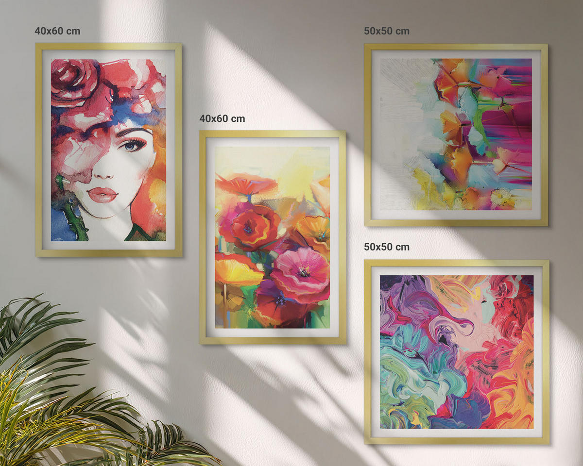 WANDBILDER 4er Set - 50x50 cm & 40x60 cm Goldrahmen - Porträt von Blumen in intensiven Farben - Goldfarben, Kunststoff (50/50cm) - ArtPrintCave