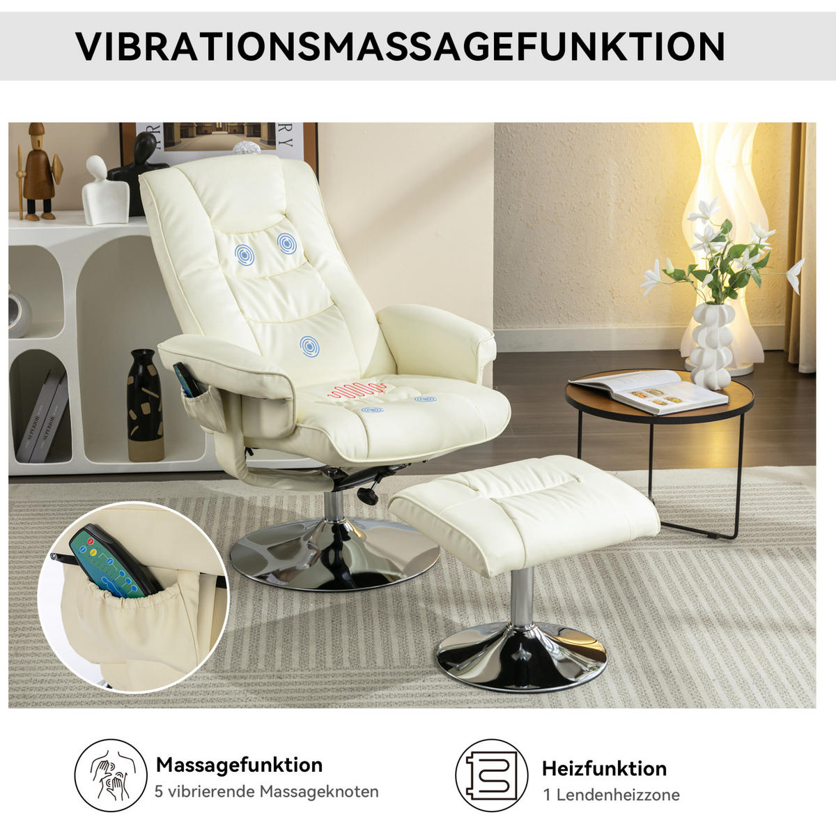 MASSAGESESSEL bis 120 kg mit Heizfunktion und 5-Punkt-Massage, 79 x 79 x 106 cm - Beige, Kunststoff (79/106/79cm) - BEAOK