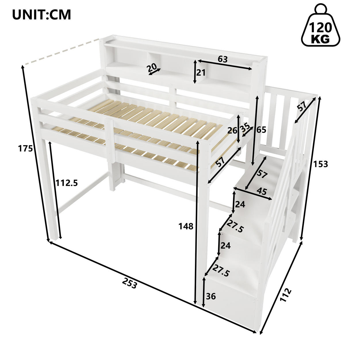 HOCHBETT mit Stauraum und LED 90x200 cm Weiß - Weiß, Holz (90/200cm) - Meubliv