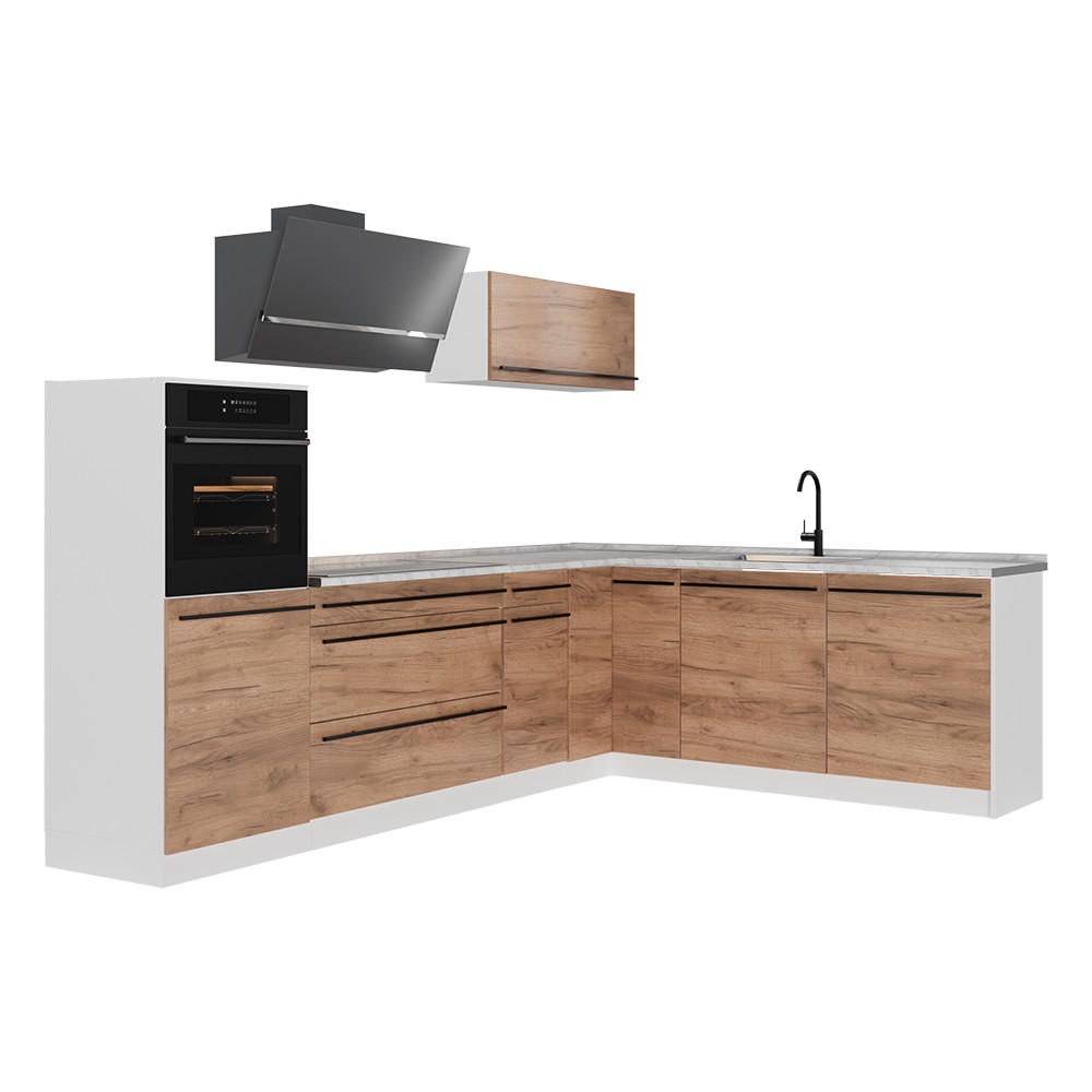 ECKKÜCHE R-Line, Goldkraft Eiche/Weiß, 287 x cm Arbeitsplatte Marmor - Honigeiche/Weiß, Holzwerkstoff (287/206.8/60cm) - Vicco