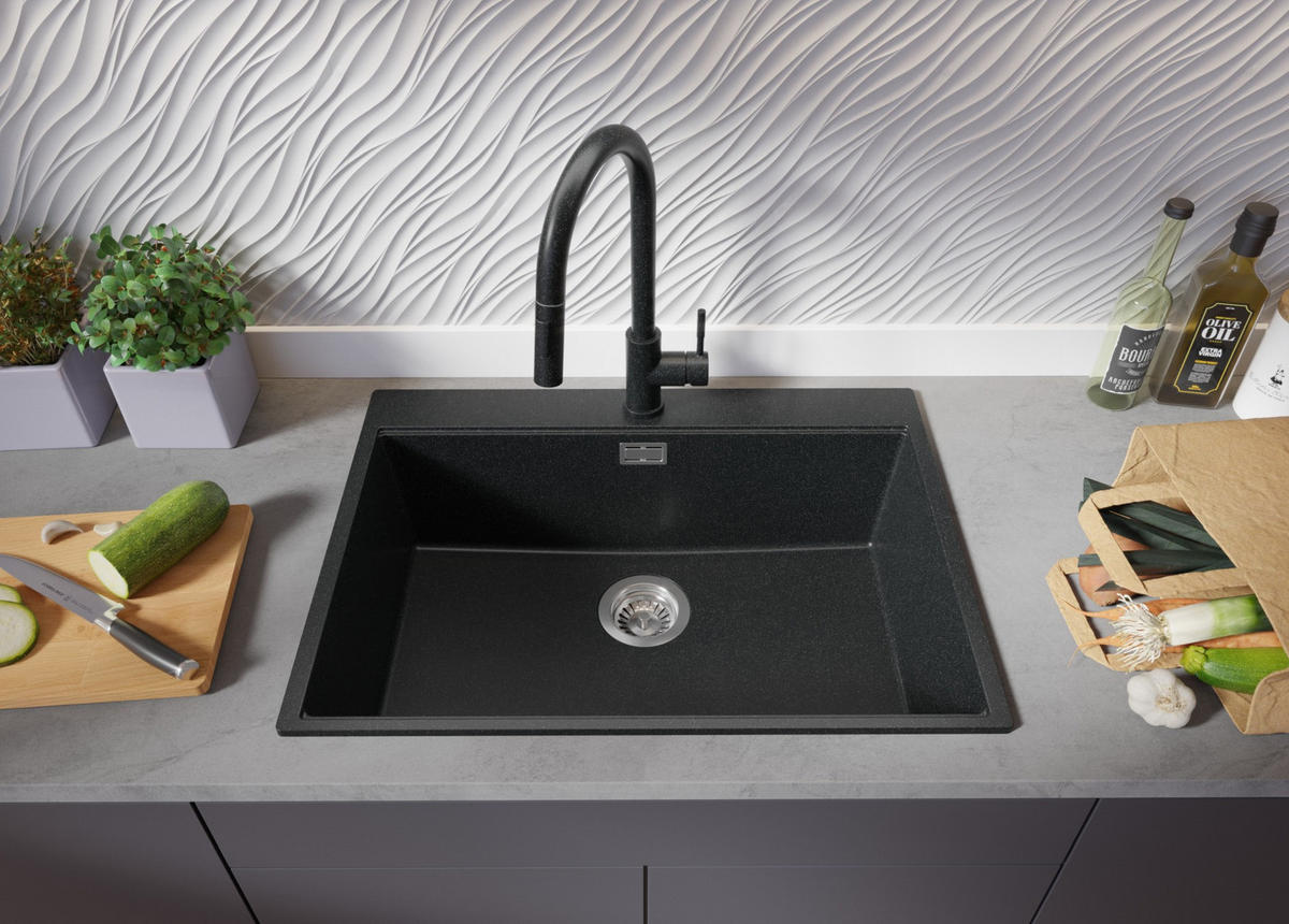 SPÜLBECKEN Oslo, 2-er set Anthrazit 68/50 cm 1 Becken + Ablauf-Set + Schneidebrett ab 70er Unterschrank - Chromfarben/Anthrazit, Kunststoff (68/20/50cm) - Primagran