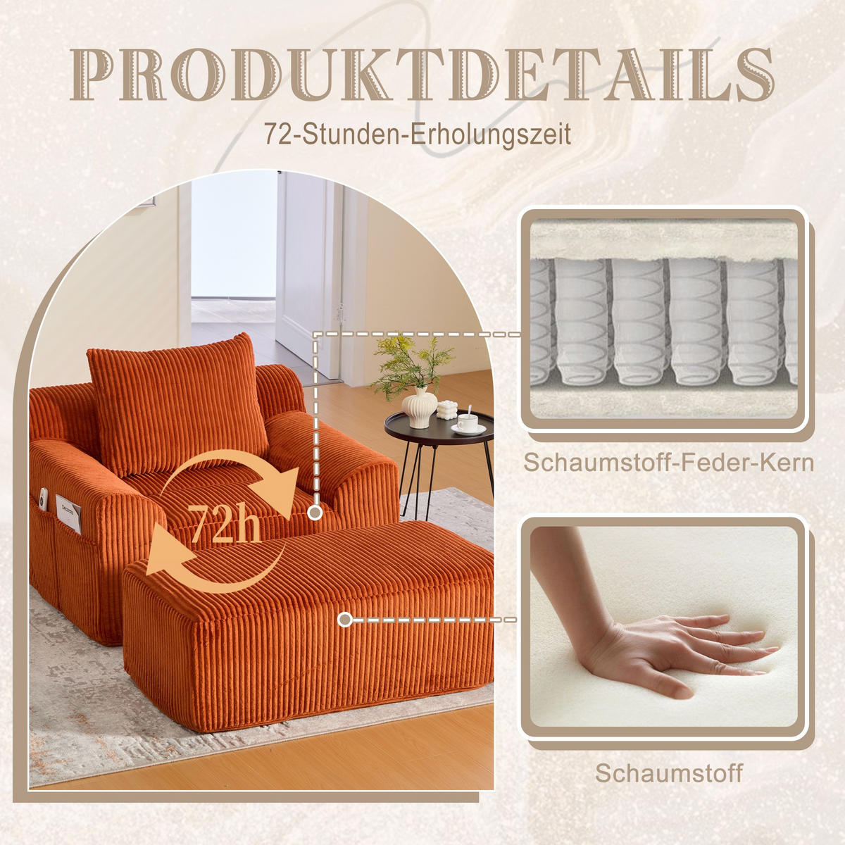 RELAXSESSELSET Übergroßer Loungesesselmit Fußhocker,Cord,Orange - Orange, Textil (110/87/147cm) - LVHOM