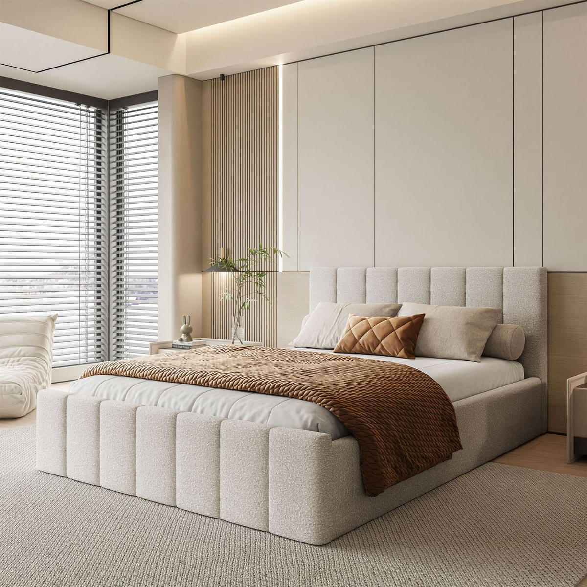 POLSTERBETT ELISE 90x200 cm Ascot Pearl, Kopfteil 95 cm, 17 Holzlatten - Creme, Textil (90/200cm) - Lookway