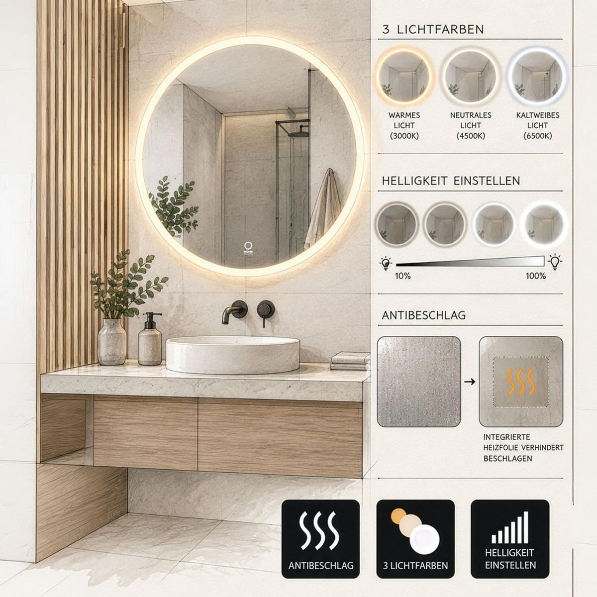 LED-SPIEGEL Rund SILA - 60 cm - Weiß, Glas (60/60/3cm) - Home Deluxe