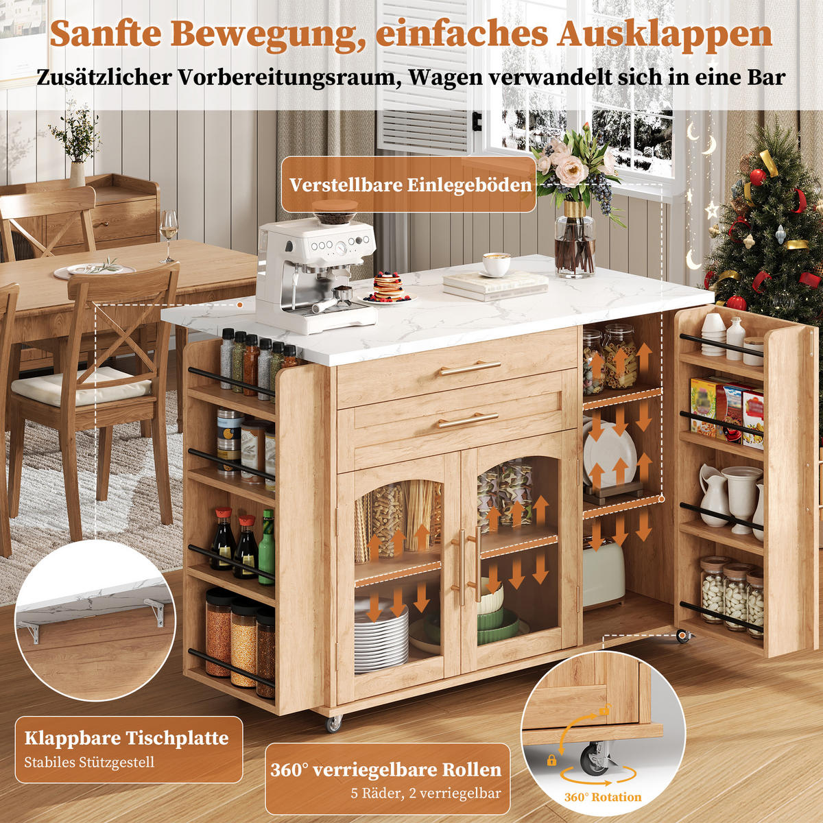 KÜCHENINSEL in Weiß und Naturfarbe Servierwagen mit Besteckschublade für Küchen und Wohnzimmer, B120/T45 (70)/H90 cm - Naturfarben, Holzwerkstoff (138/90/70cm) - STILVORA