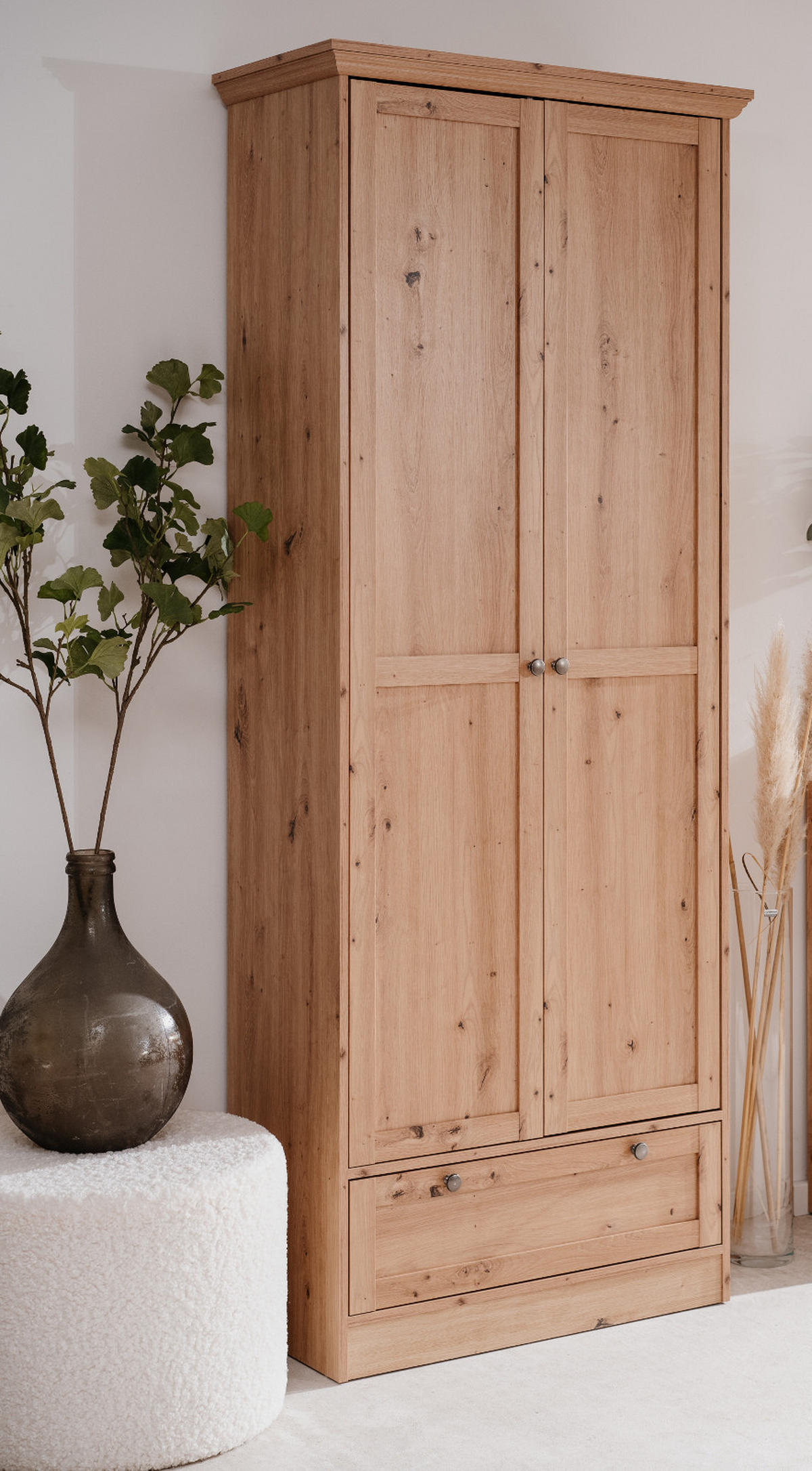 MEHRZWECKSCHRANK Eiche Artisan 80 cm Landhaus, Schrank mit viel Stauraum - Eichefarben/Silberfarben, Holzwerkstoff/Metall (80/200/39cm) - Furn.Design