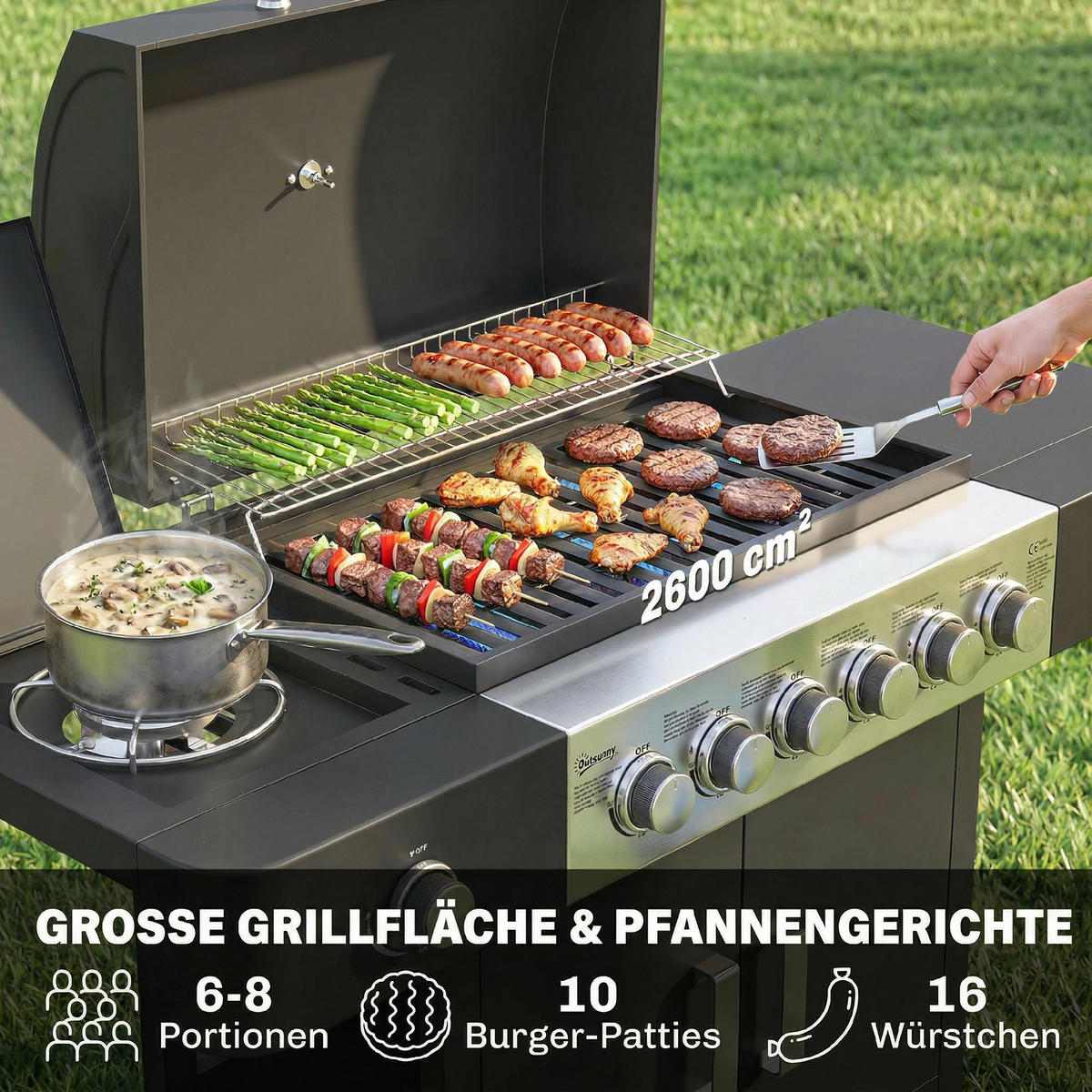 GASGRILL Stahl Edelstahl Schwarz - Schwarz, Metall (51/101/135cm) - Outsunny