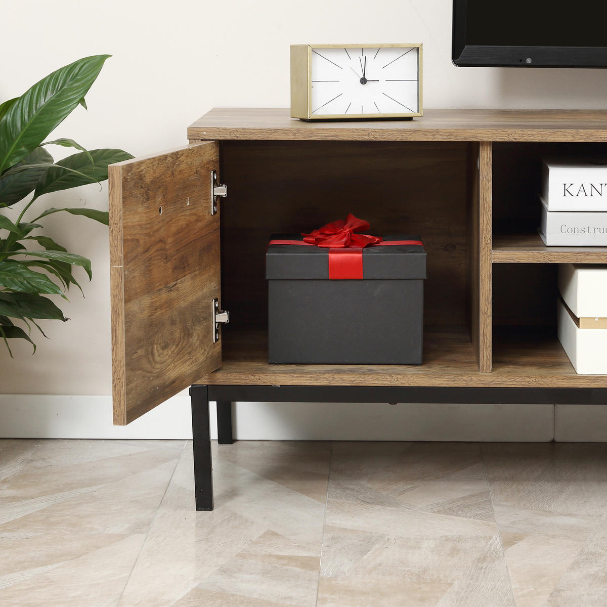 TV-BANK Braun/Schwarz 132/39/45,5 cm, 2 Schubladen, 1 Tür, Metallgestell - Braun, Holzwerkstoff (132/45.5/39cm) - PANGIVO