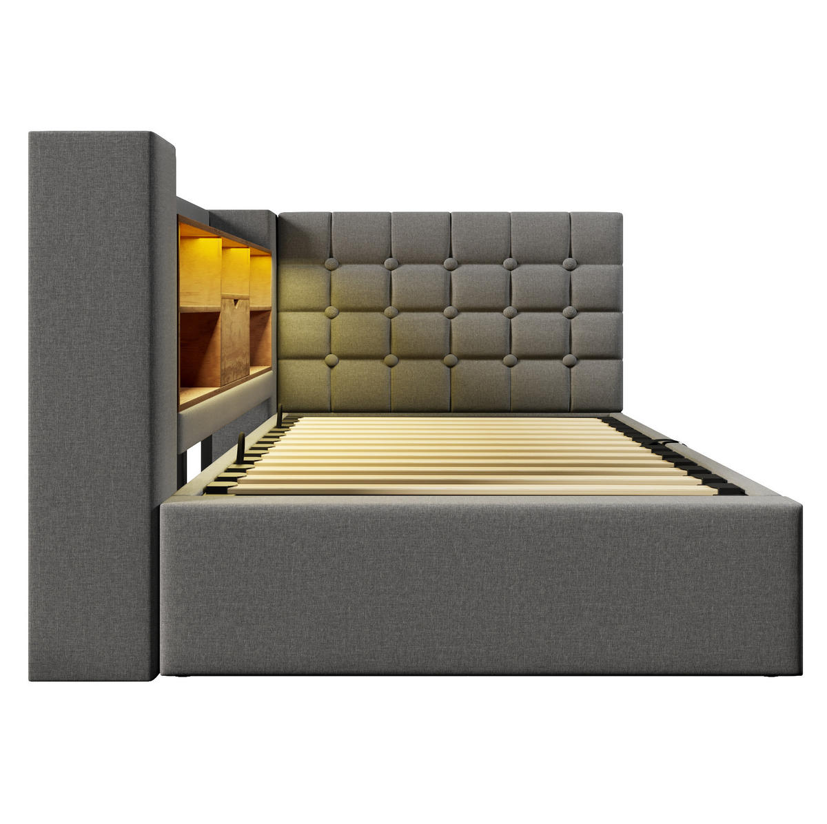 BETT mit LED und Stauraum inkl. Matratze 90x200 cm Leinen Grau - Grau, Metall (90/200cm) - Meubliv