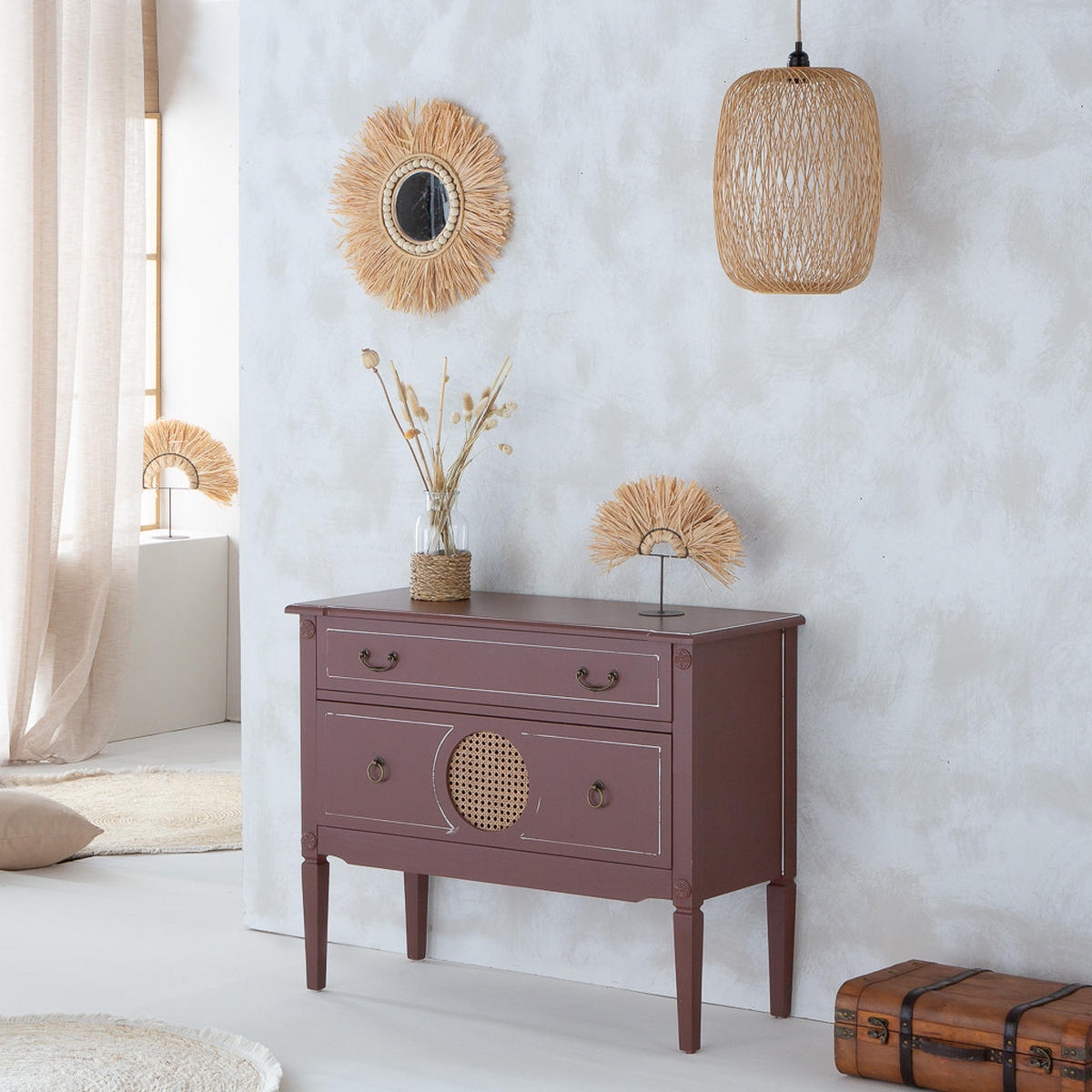 KOMMODE aus braunem Holz und Rattan, 88x38x72 cm - Braun, Holz (88/72/38cm) - Wanderlust