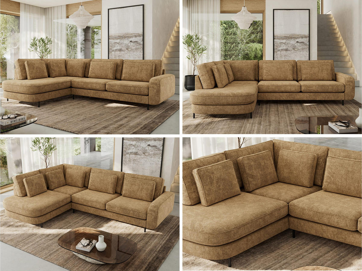 ROHOVÁ SEDAČKA CALENO L - Světle hnědá hladký senil - Pravá Strana - černá/světle hnědá, kov/textil (317/225cm) - MKS