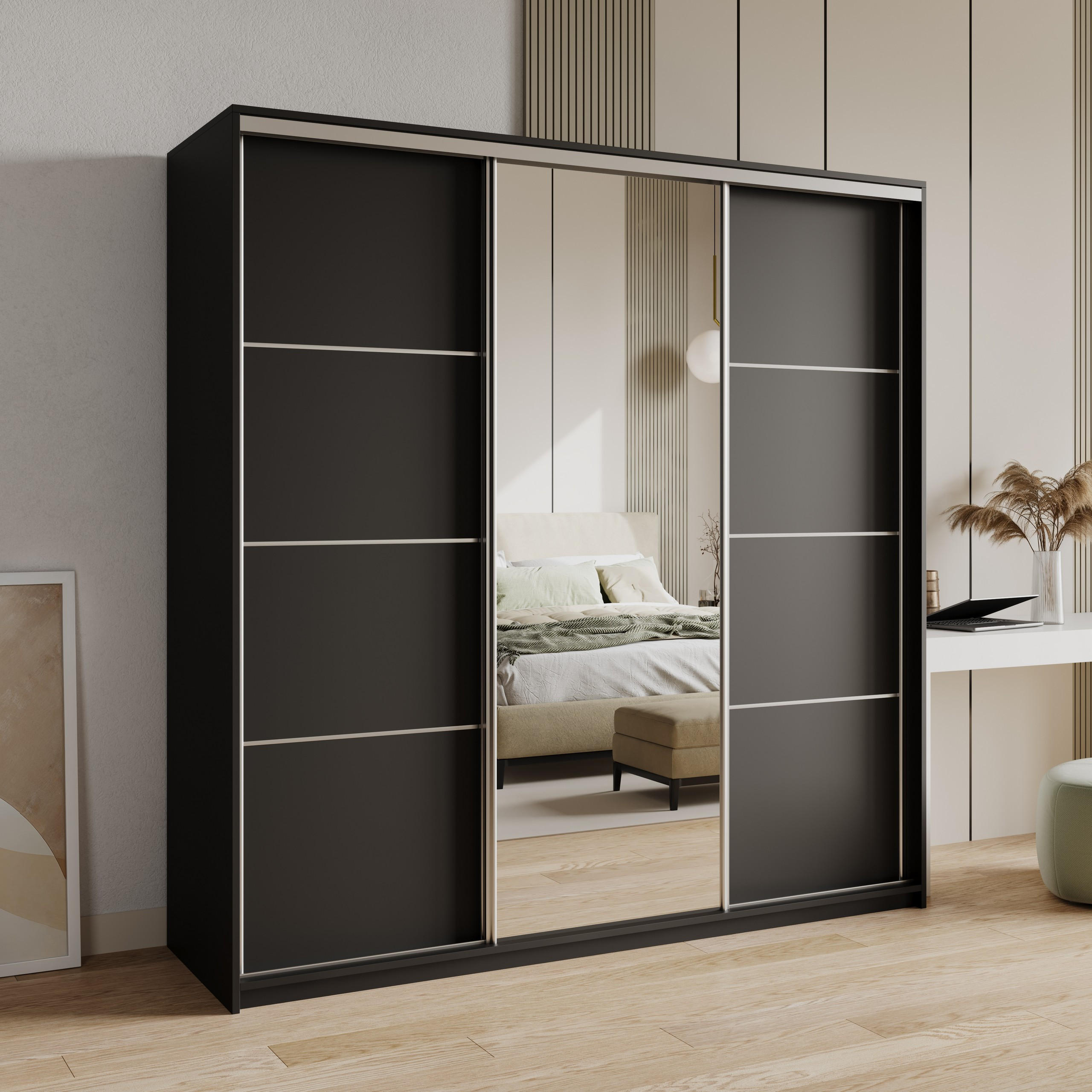 SCHWEBETÜRENSCHRANK VARO 180/205/60 cm 3-türig mit Spiegel und Schubladen Schwarz - Schwarz/Nickelfarben, Holzwerkstoff (180/205/60cm) - MASSENO
