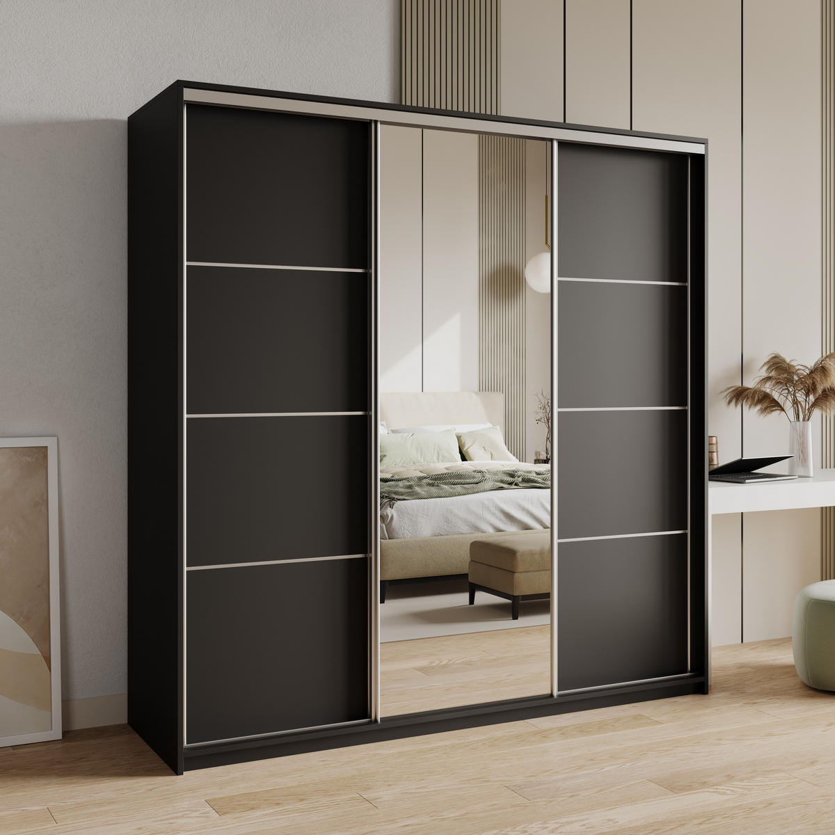 SCHWEBETÜRENSCHRANK VARO 200/205/60 cm 3-türig mit Spiegel Schwarz - Schwarz, Holzwerkstoff (200/205/60cm) - MASSENO