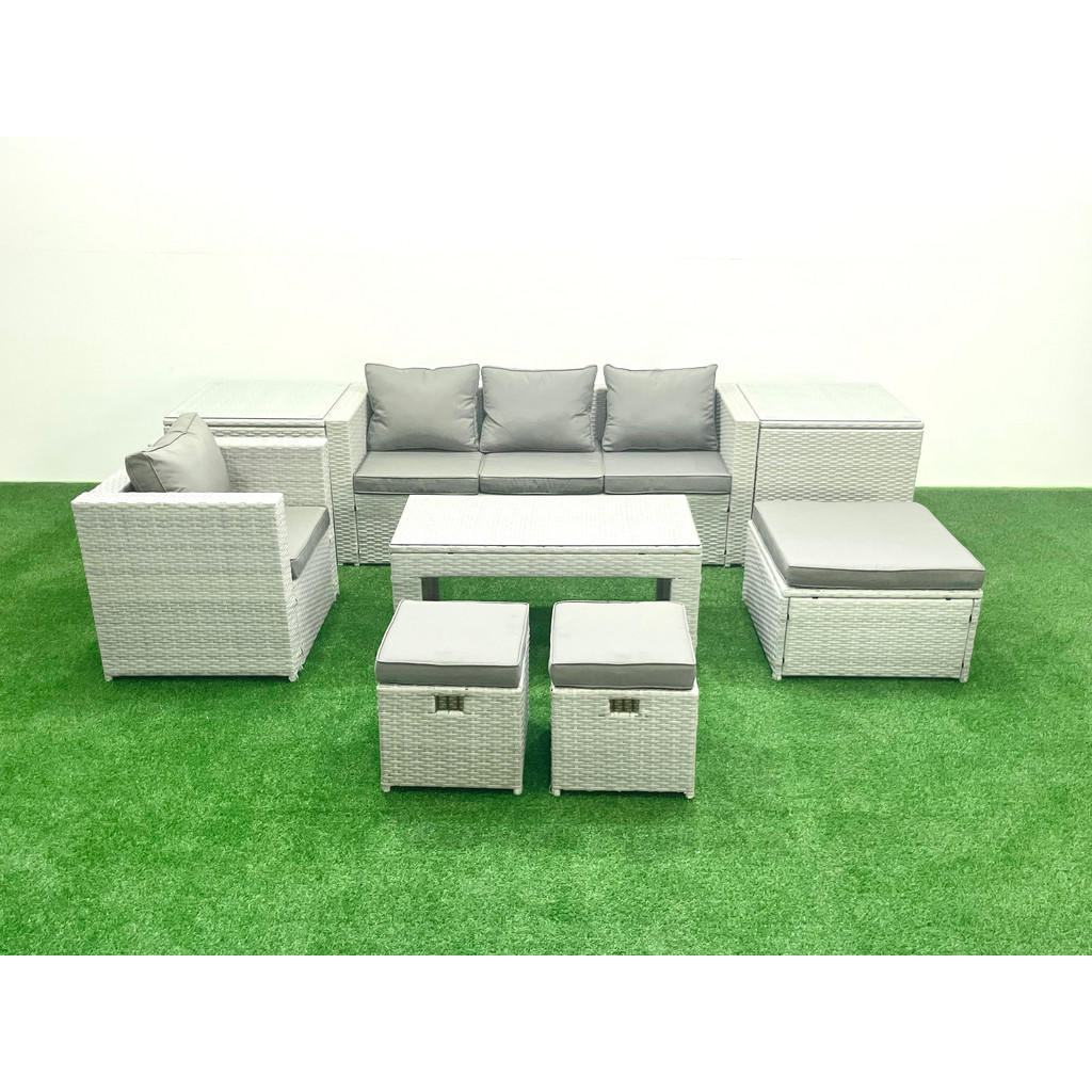 Thumbnail - Fimous Balkonmöbel-Set, Hellgrau, Metall, Kunststoff, Glas, 7-Sitzer, Füllung: Schaumstoff, rechteckig, Loungemöbel, Lou...