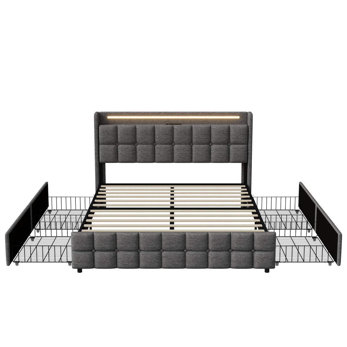 POLSTERBETT Geometrisch 160/200 cm mit 4 Schubladen & LED Leinenoptik Grau - Grau, Textil (160/200cm) - Creahappy