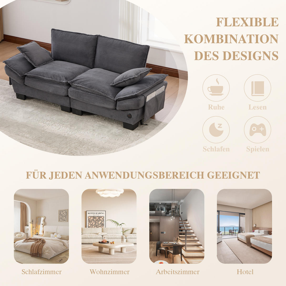 2-SITZER SOFA Cord Dunkelgrau mit USB-C und Seitentaschen - Dunkelgrau, Holzwerkstoff/Kunststoff (190/84/73cm) - WISHDOR