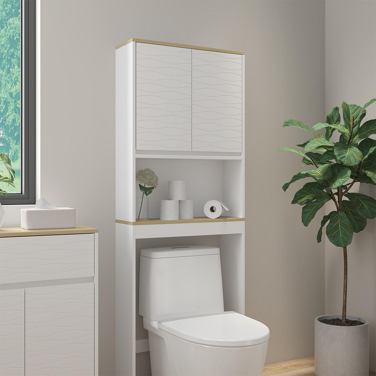 TOILETTENSCHRANK Livia Weiß 60 x 163 cm - Weiß/Naturfarben, Holzwerkstoff (60/163/20cm) - Vicco