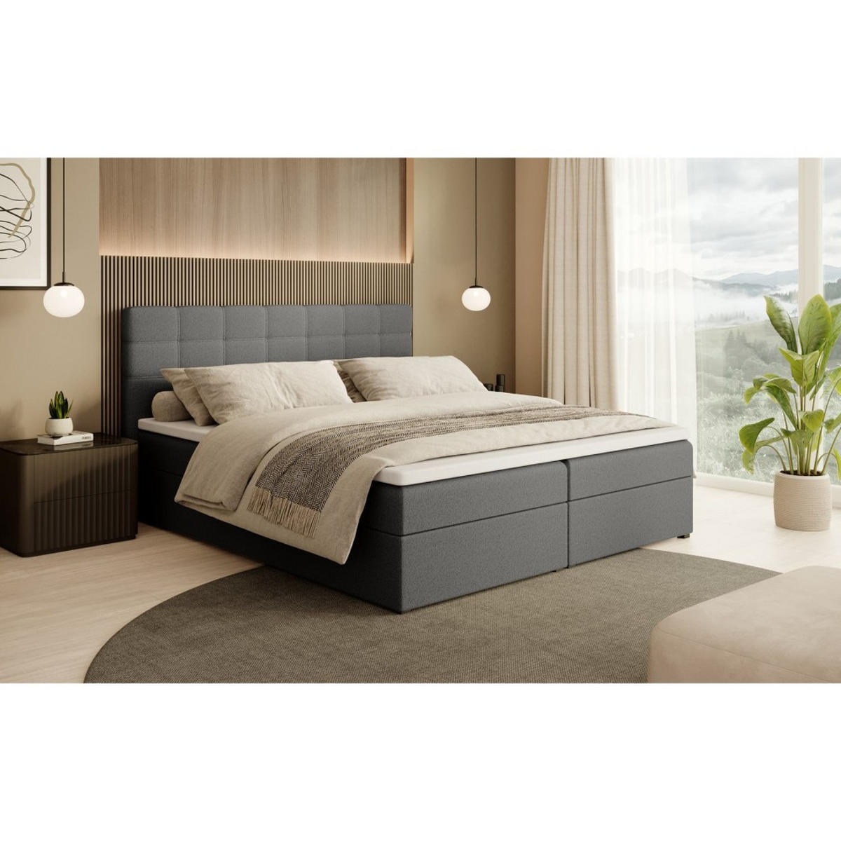 POLSTERBETT Topiq I 184/203/103 dunkelgrau, Bouclé-Stoff - Dunkelgrau, Holzwerkstoff (180/200cm) - Beautysofa