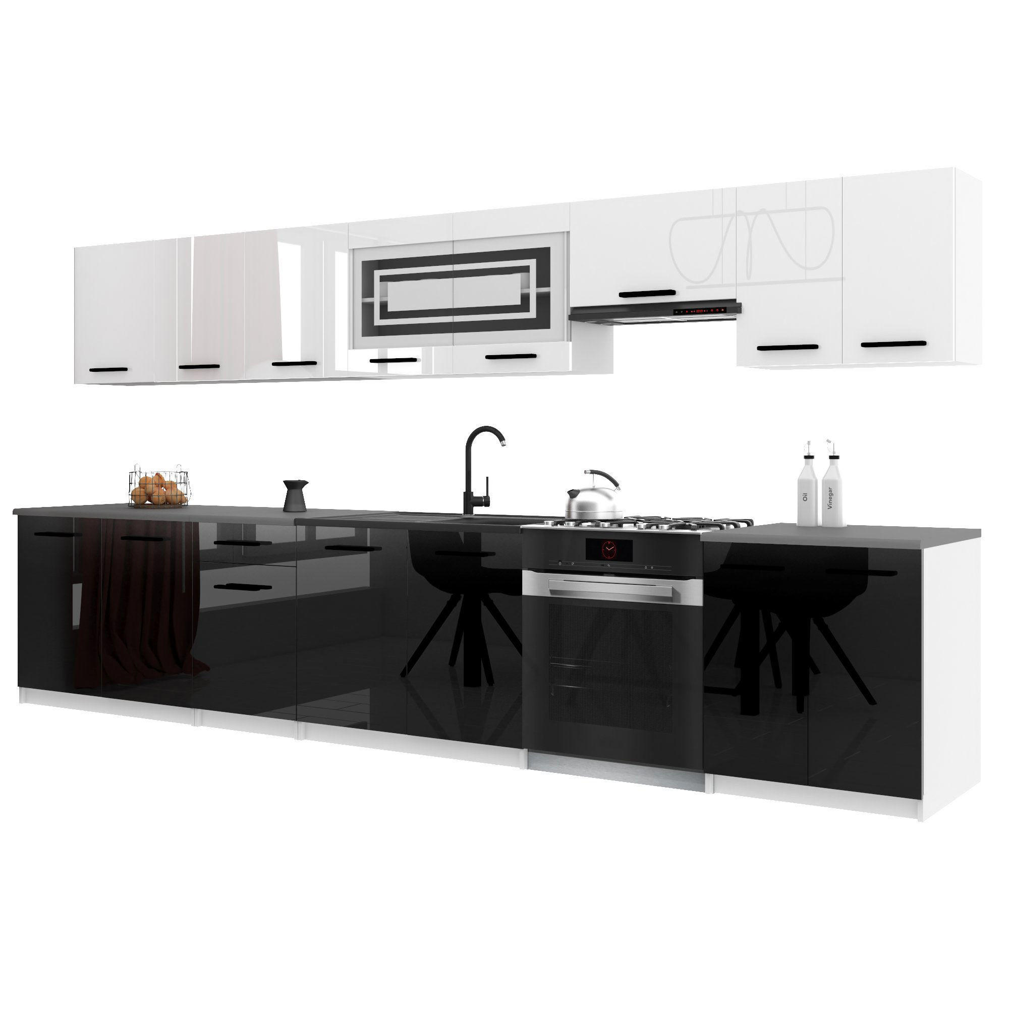 KÜCHENZEILE Italia 3 320 cm, mit Arbeitsplatten, Weiß-Schwarz - Schwarz/Weiß, Holz (320/143/60cm) - B BELINI GROUP
