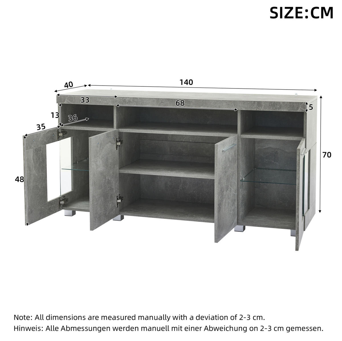 SIDEBOARD 140/40/70 cm in Zementgrau mit LED-Beleuchtung und Glastüren - Grau, Holzwerkstoff (140/70/40cm) - Flora Grace