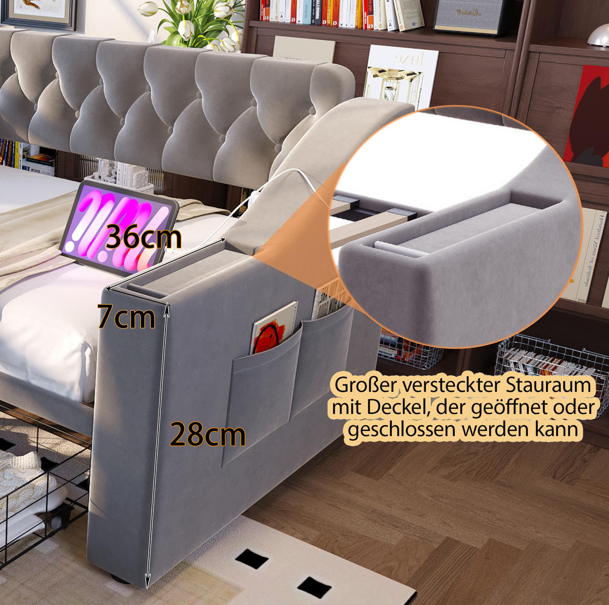 ČALÚNENÁ posteľ zo zamatu 90x190 cm svetlosivá s USB a USB-C portom, zásuvkami a úložnými podrúčkami - svetlosivá, textil (90/190cm) - Modfu