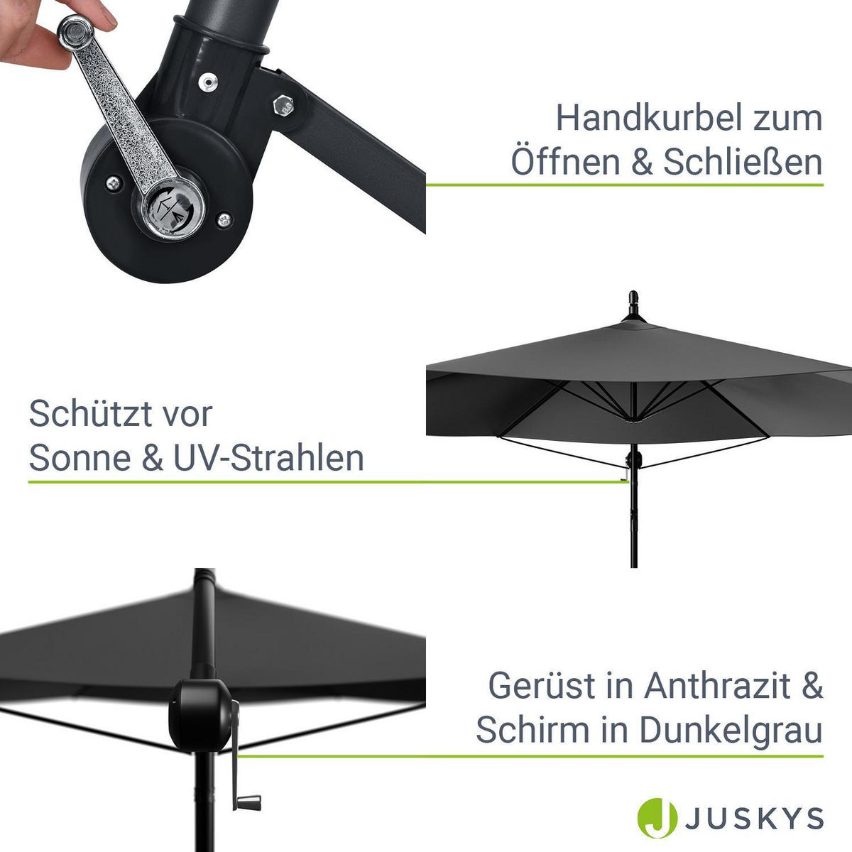 AMPELSCHIRM Brazil dunkelgrau 3m mit Kurbel und Standfuß - Dunkelgrau, Metall (285/285cm) - Juskys